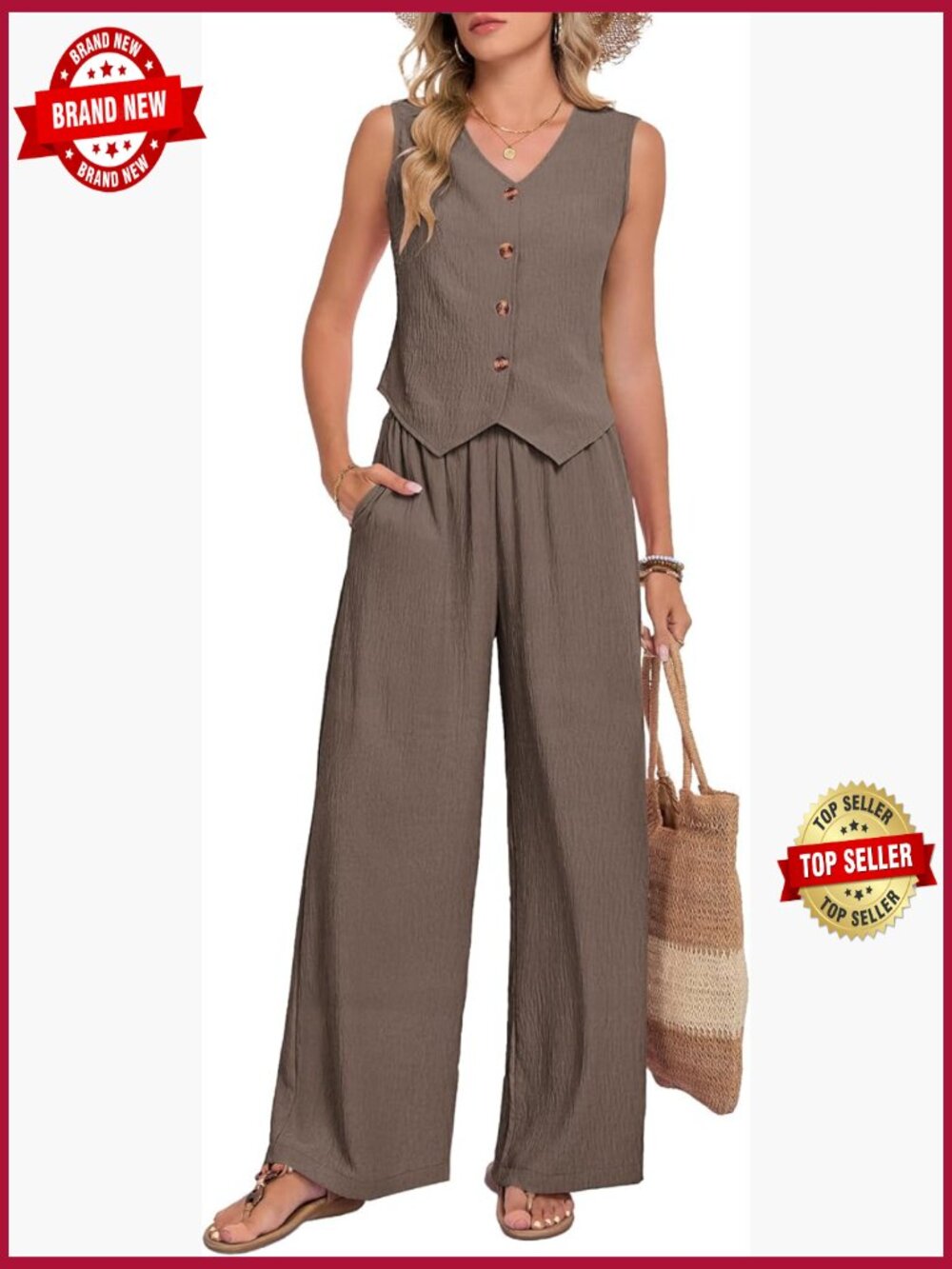 2 Piece Vest Blazer Wide Leg Pant Set Sleeveless Summer Outfit